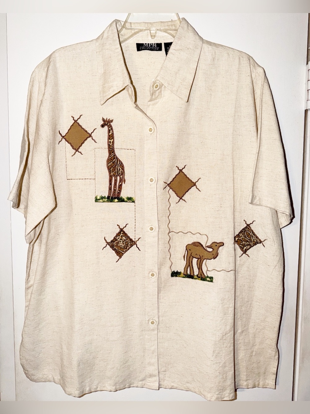 Beige Linen/Cotton  Embroidered Safari Short-Sleeve Shirt - MPH COLLECTION